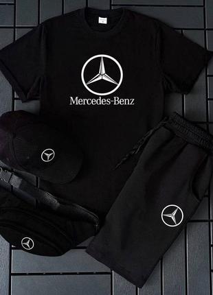🔥 мужской комплект костюм 4в1 футболка шорты кепка бананка черный mercedes benz