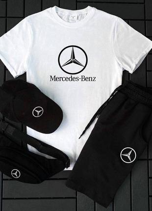 🔥 мужской комплект костюм 4в1 футболка шорты кепка бананка белый mercedes benz