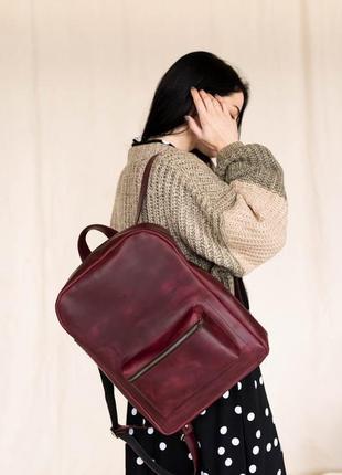 Женский городской рюкзак  из натуральной винтажной кожи бордового цвета2 фото