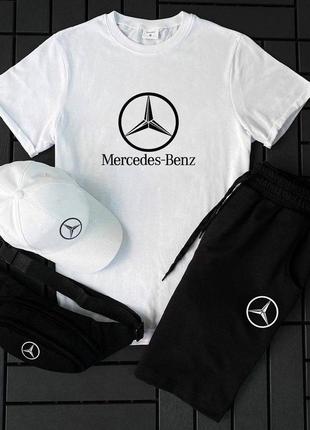 🔥 мужской комплект костюм 4в1 футболка шорты кепка бананка белый mercedes benz