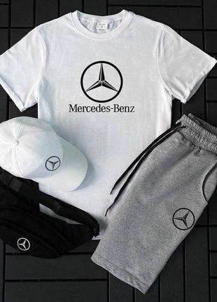 🔥 мужской комплект костюм 4в1 футболка шорты кепка бананка белый mercedes benz