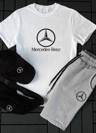 🔥 мужской комплект костюм 4в1 футболка шорты кепка бананка белый mercedes benz