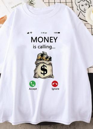 Футболка чоловіча оверсайз біла money is calling ..., футболка купити , є великі розміри