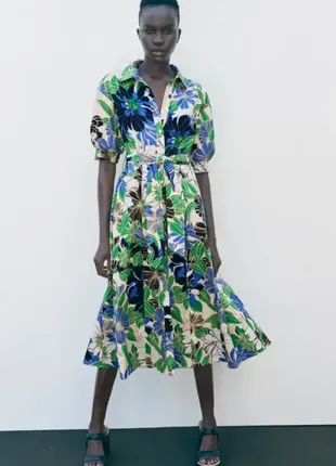 Натуральне квіткове плаття– сорочка міді з поясом об'ємними рукавами zara зі свіжих колекцій