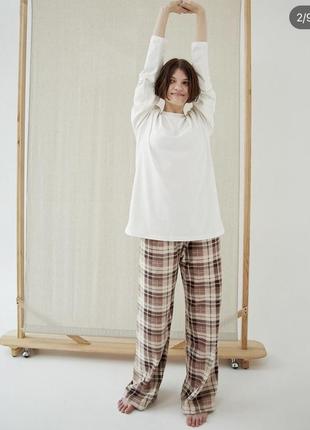 Піжамні флісові штани в клітинку коричневі піжама