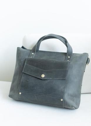 Классическая вместительная женская сумка ручной работы из натуральной кожи серого цвета