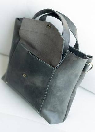 Классическая вместительная женская сумка ручной работы из натуральной кожи серого цвета4 фото