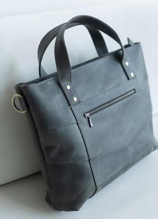 Классическая вместительная женская сумка ручной работы из натуральной кожи серого цвета6 фото