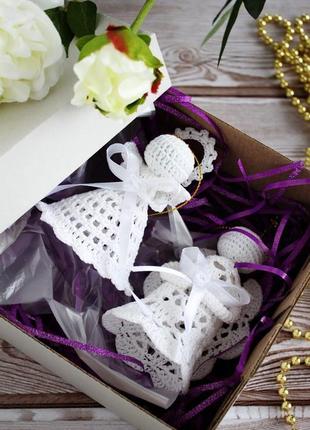 Прикраси для ялинки "мереживні білосніжні ангелочки". набір з двух штук. ангелик в'язаний різдв'яний