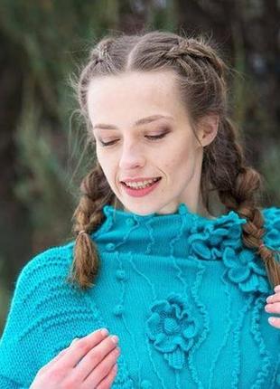 Вязаный синий массивный богемный шерстяной женский свитер оверсайз5 фото