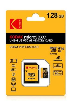 Карта памяти micro sd kodak 128gb u3 a1 class 10 + sd адаптер