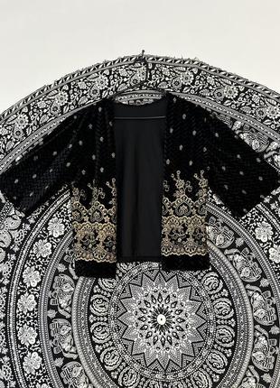 Ексклюзив вінтаж кардиган з коротким рукавом з яскравим абстрактним принтом східної тематики золотистого кольору