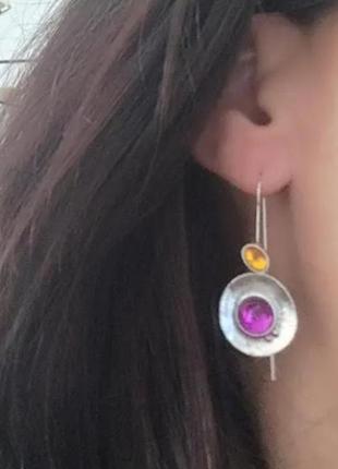 Стильные серьги шарики в этно стиле серебристые с камушками новые7 фото