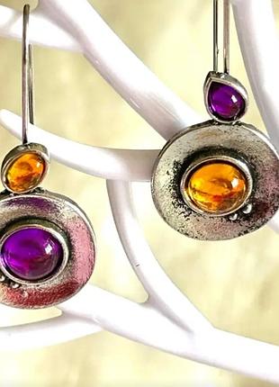 Стильные серьги шарики в этно стиле серебристые с камушками новые2 фото