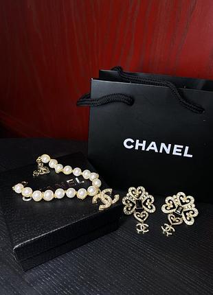 Браслет із перлами з позолотою шанель та сережки шанель із позолоти