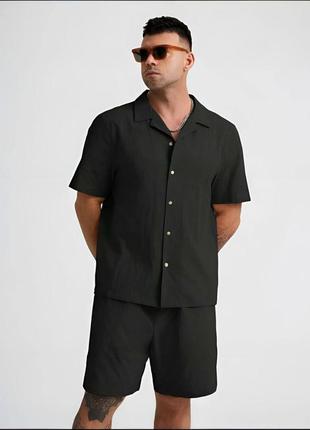 Чорний чоловічий прогулянковий повсякденний костюм шорти сорочка вільного крою чоловічий літній костюм в стилі олд мані old many4 фото