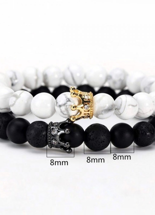 Парные мужские женские браслеты из камней для двоих, черный, белый с короной м-15918