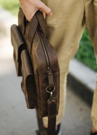 Мужская винтажная деловая сумка ручной работы из натуральной кожи коричневого цвета8 фото