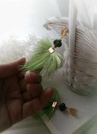Сережки віяла листок сердечко гвіздок пусет оливковий зелений гематит китиця атлас1 фото