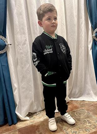 Дитячий спортивний трикотажний костюм-двійка з бомбером на хлопчика підлітка для прогулянок двонитка 116-146