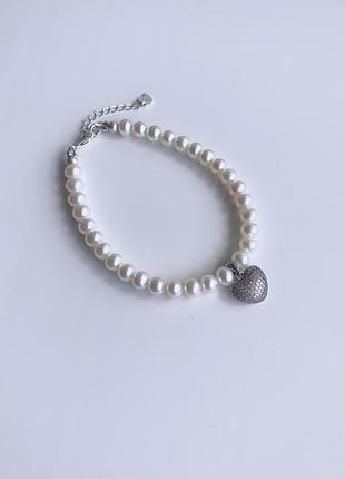 Серебряный браслет из натурального жемчуга с подвесом "для тебя"2 фото