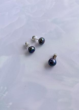 Серебряные серьги с натуральным чёрным жемчугом "чорна перлина"2 фото