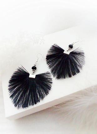 Сережки гачок чорний віяло листок серце тканинні підвіски китиці срібний гематит