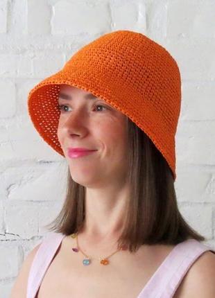 Оранжева панама із рафії жіноча. стильний вязаний капелюх із соломки літній від сонця1 фото