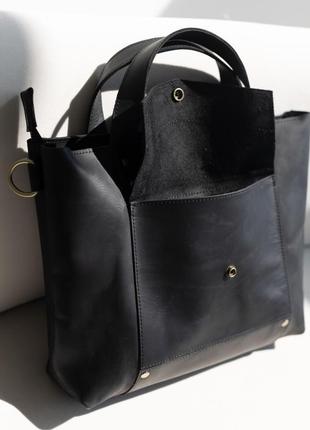 Классическая вместительная женская сумка ручной работы из натуральной кожи черного цвета2 фото