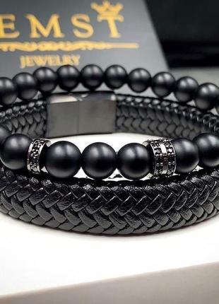 Комплект браслетов из кожи с черной застежкой и шунгита с черными дисками (12056)1 фото