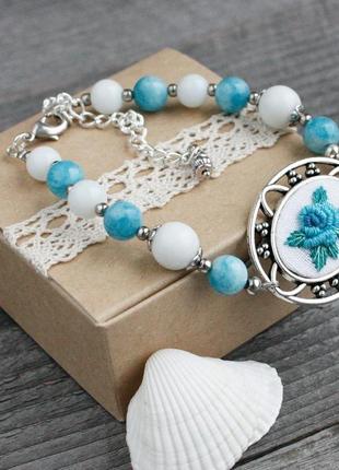 Аквамариново блакитні сережки з трояндами довгі красиві сережки з камінням7 фото