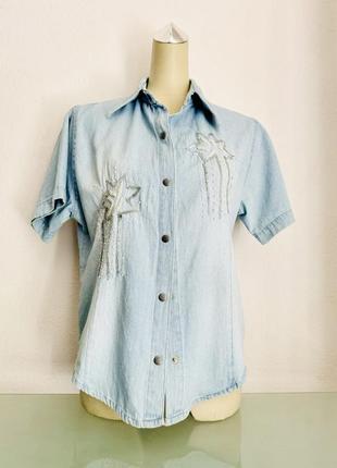 Рубашка блуза женская джинсовая приталенная с коротким рукавом летняя