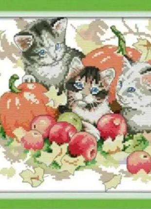 Набор для вышивания крестиком по нанесённой на канву "four seasons cats 3 autumn". aida 14ct printed 31*27 см