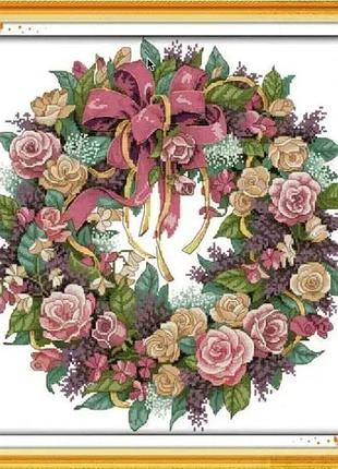 Набор для вышивания по нанесённой на канву схеме "a wreath of roses" . aida 14ct printed, 45*45 см