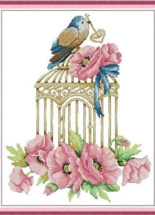 Набор для вышивания по нанесённой на канву схеме "birdcage and flowers".aida 14ct printed , 32*40 см