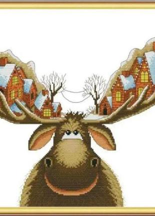 Набір для вишивання за нанесеною на канву схемою "christmas cottage on antlers". aida 14ct printed 42*36 см