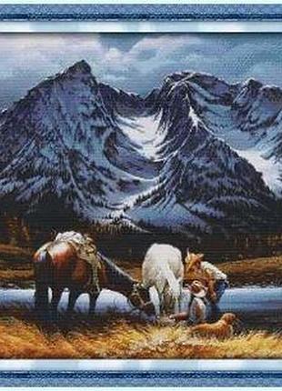 Набір для вишивання за нанесеною на канву схемою"horses under the snowy mountains". aida 14ct printed 71*56 см