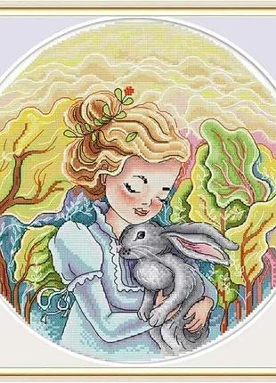Набор для вышивания по нанесённой на канву схеме "girl and rabbit". aida 14ct printed 35*35 см