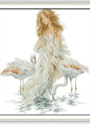 Набор для вышивания по нанесённой на канву схеме "the girl with the crane". aida 14ct printed 44*49 см