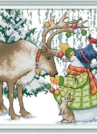 Набор для вышивания по нанесённой на канву схеме "elk and snowman ".aida 14ct printed , 38*29 см