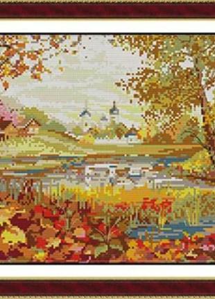 Набор для вышивания по нанесённой на канву схеме "beautiful view of lake (2)". aida 14ct printed 50*30 см