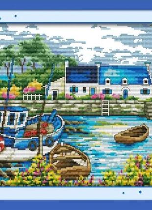 Набор для вышивания по нанесённой на канву схеме "scenery of port". aida 14ct printed, 40*30 см