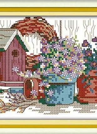 Набор для вышивания по нанесённой на канву схеме "garden corner 4". aida 14ct printed, 21*16 см
