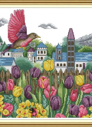 Набір для вишивання за нанесеною на канву схемою "tulips and bird". aida 14ct printed 41*37 см