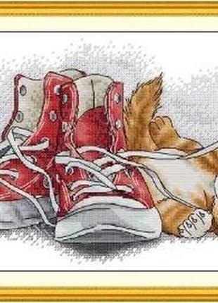 Набір для вишивання за нанесеною на канву схемою "yellow cat playing with shoelac". aida 14ct printed 32*16 см