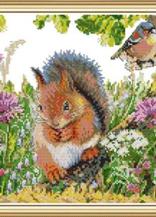 Набор для вышивания по нанесённой на канву схеме "squirrel and bird". aida 14ct printed 35*31 см
