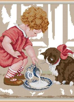 Набір для вишивання за нанесеною на канву схемою "feed the cat". aida 14ct printed 38*38 см