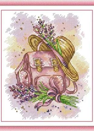 Набір для вишивання за нанесеною на канву схемою "schoolbag & lavenders".aida 14ct printed , 18*21 см