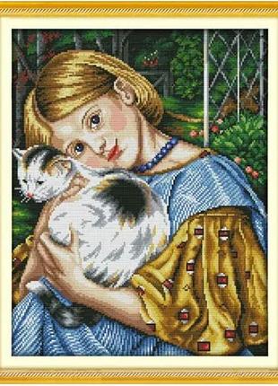 Набор для вышивания по нанесённой на канву схеме "girl and cat 3". aida 14ct printed, 37*45 см