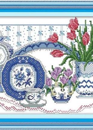 Набір для вишивання за нанесеною на канву схемою "flowers in celadon vase". aida 14ct printed 37*27 см